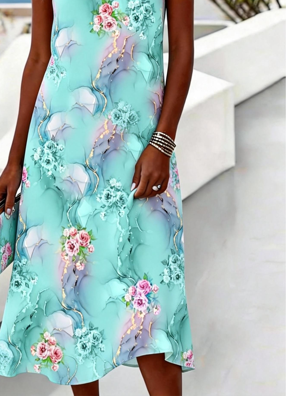 Women's Turquoise Floral Print Midi Dress Sleeveless Round Neck Casual Beach Dress