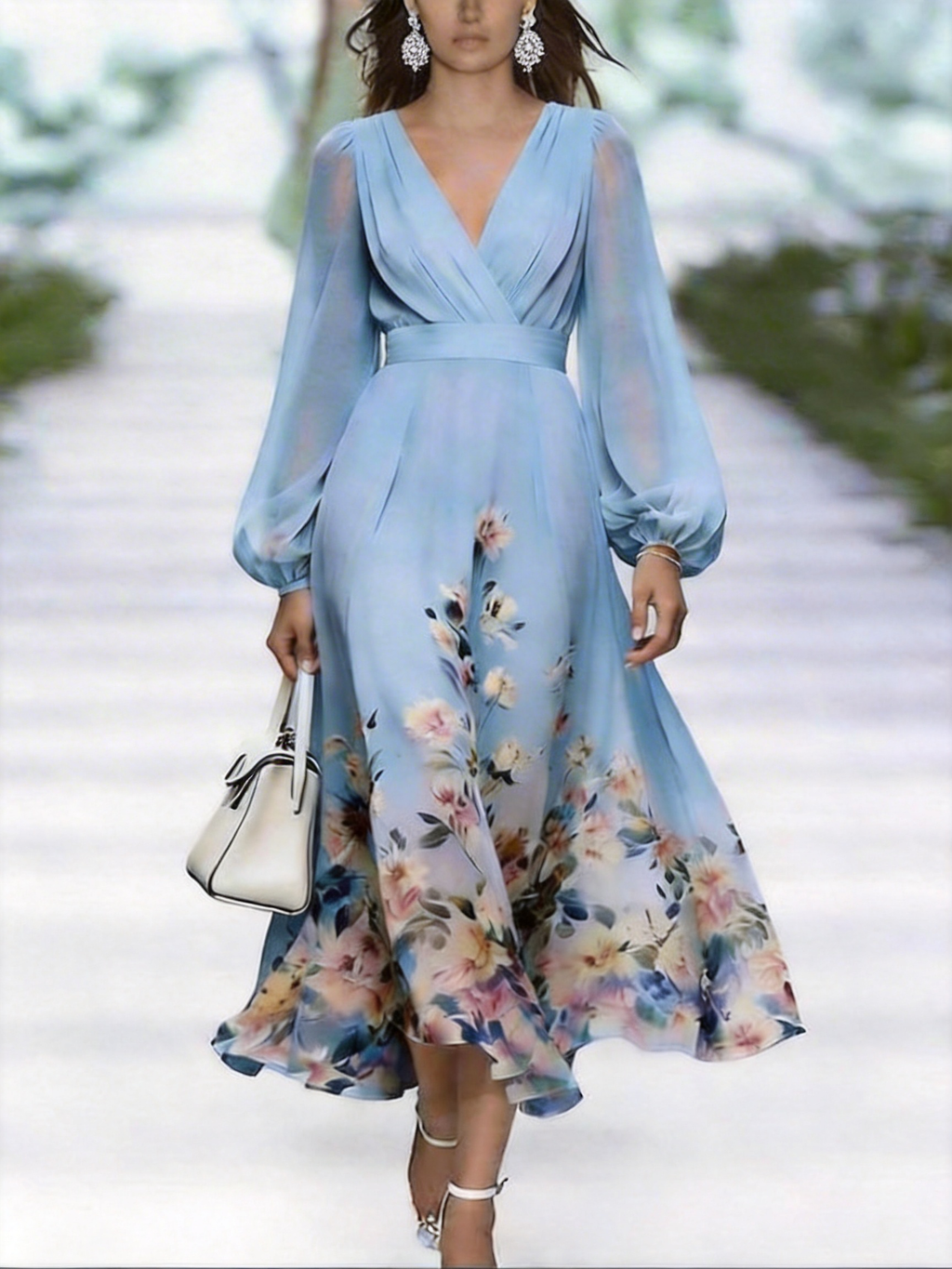 Regular Fit Elegant Floral V Neck Dress With No