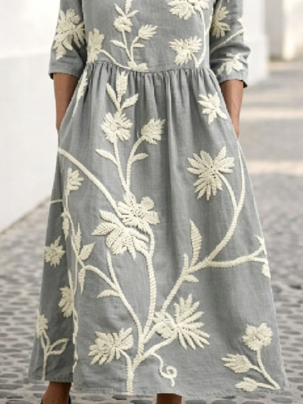 Women's As Picture 3D Printing Floral Printed Casual Crew Neck Cotton-Blend Casual Midi Dress