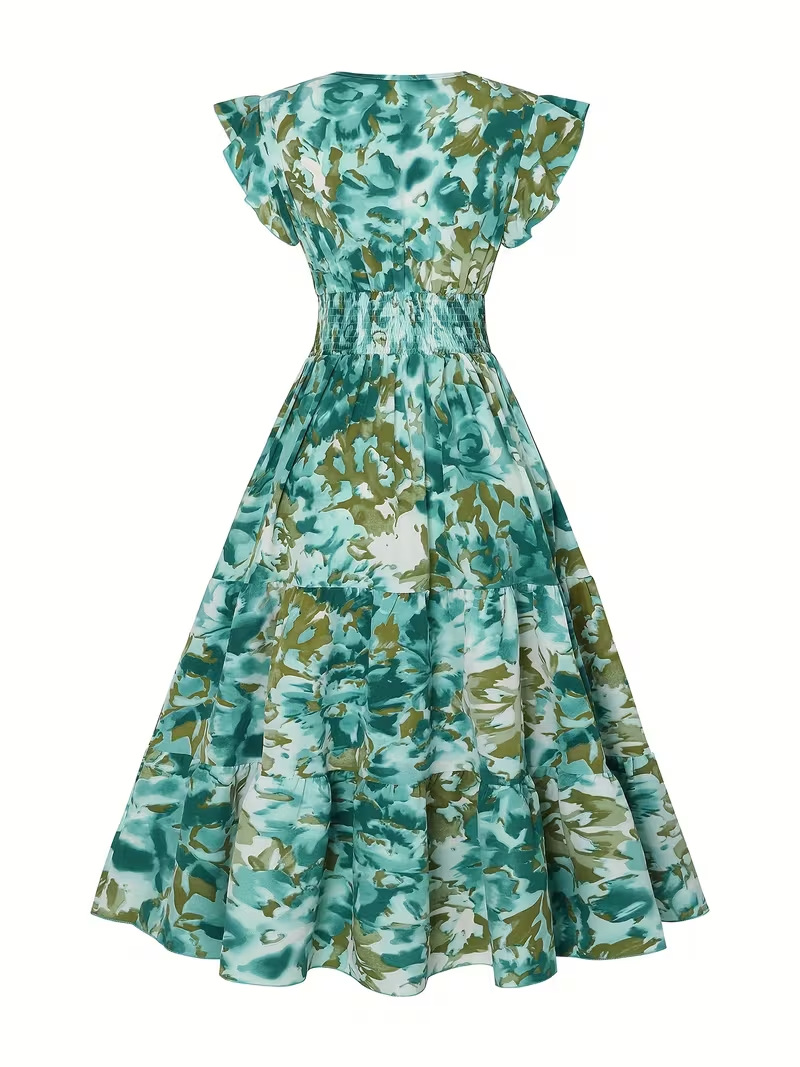 Abstract Foloral Print V Neck Ruffle Sleeve Smock Vacation Summer Going Out Maxi Dress