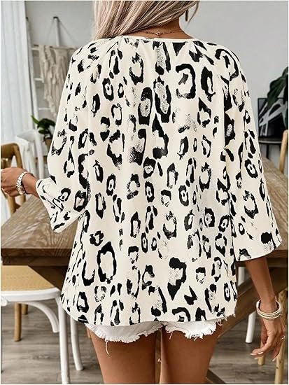 Women's Elegant Commuter Top Khaki Leopard Print Large V-Neck Pleated Three-Quarter Sleeve Shirt