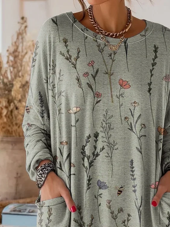 Women's Long Sleeve T-shirt Spring/Fall Green Floral Printing Crew Neck Daily Going Out Vintage Top