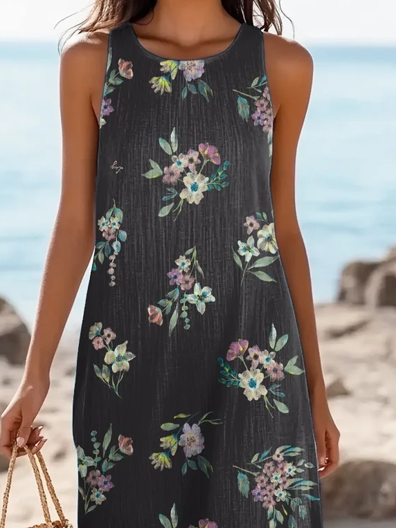 Women's Sleeveless Summer Black Floral Printing Crew Neck Daily Going Out Casual Maxi H-Line Tank Dress