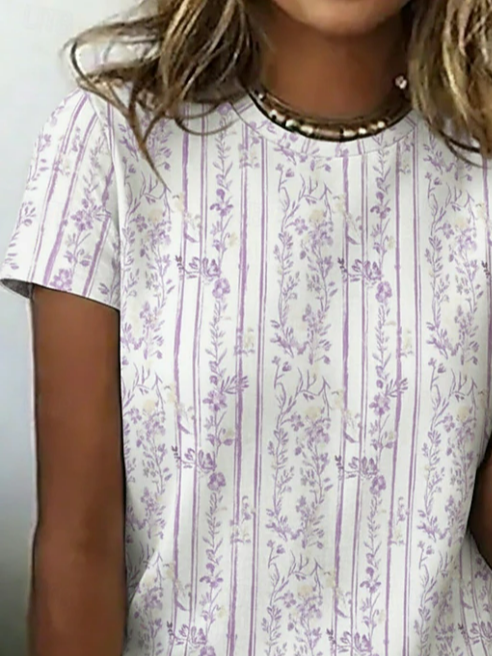 Women's Short Sleeve T-shirt Summer White Striped Printing Jersey Crew Neck Daily Going Out Casual Top