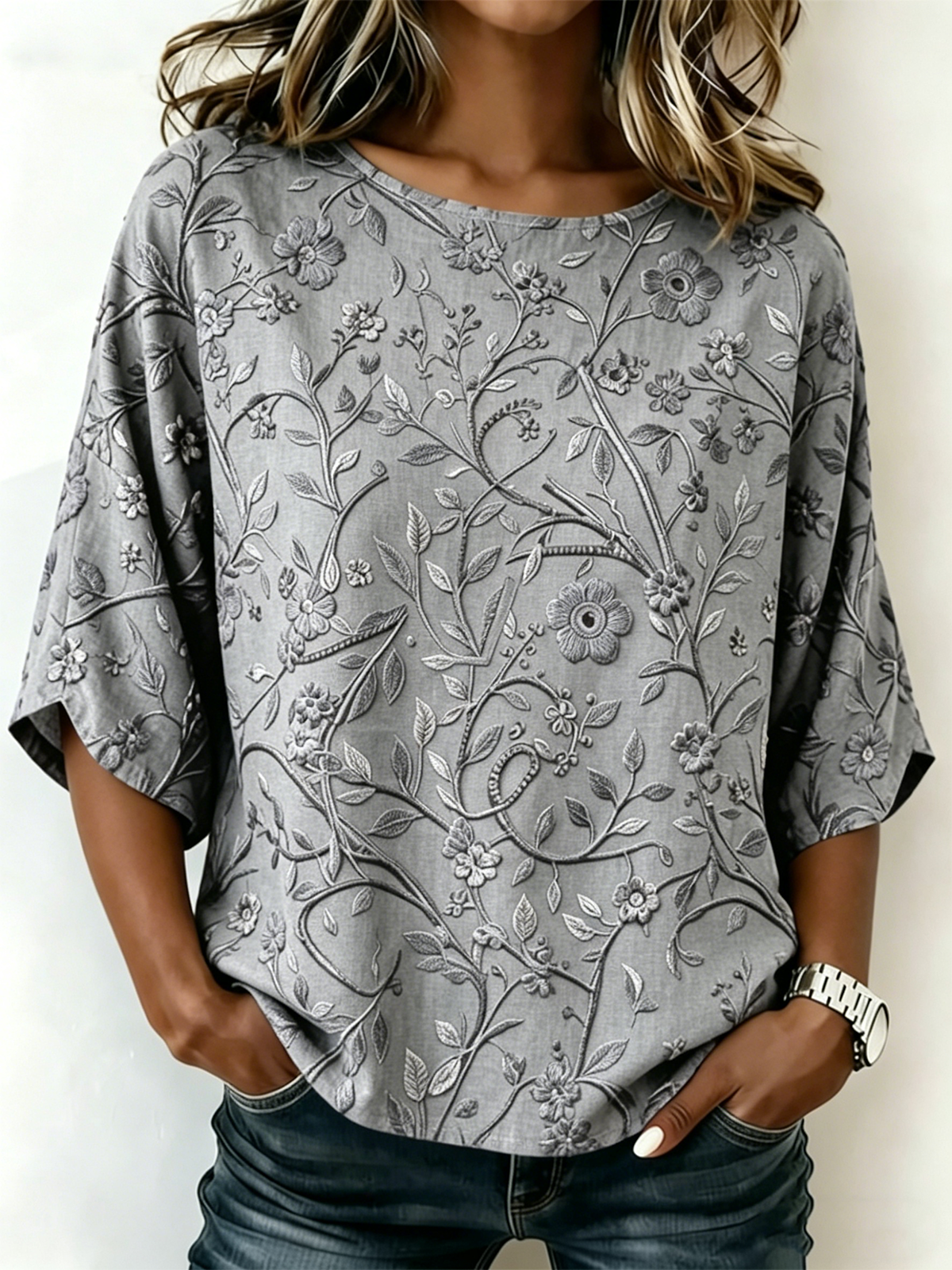 Women's Purple Floral Print Blouse Round Neck Short Sleeve Casual Top
