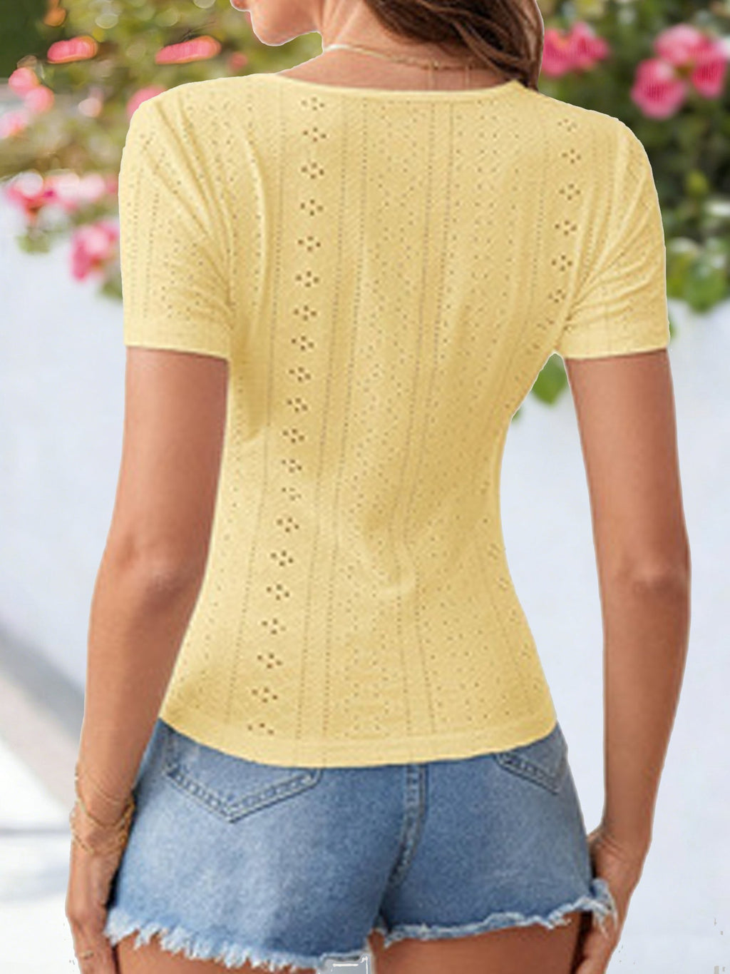 Plain Tight Short Sleeve V Neck Button Summer Casual Top