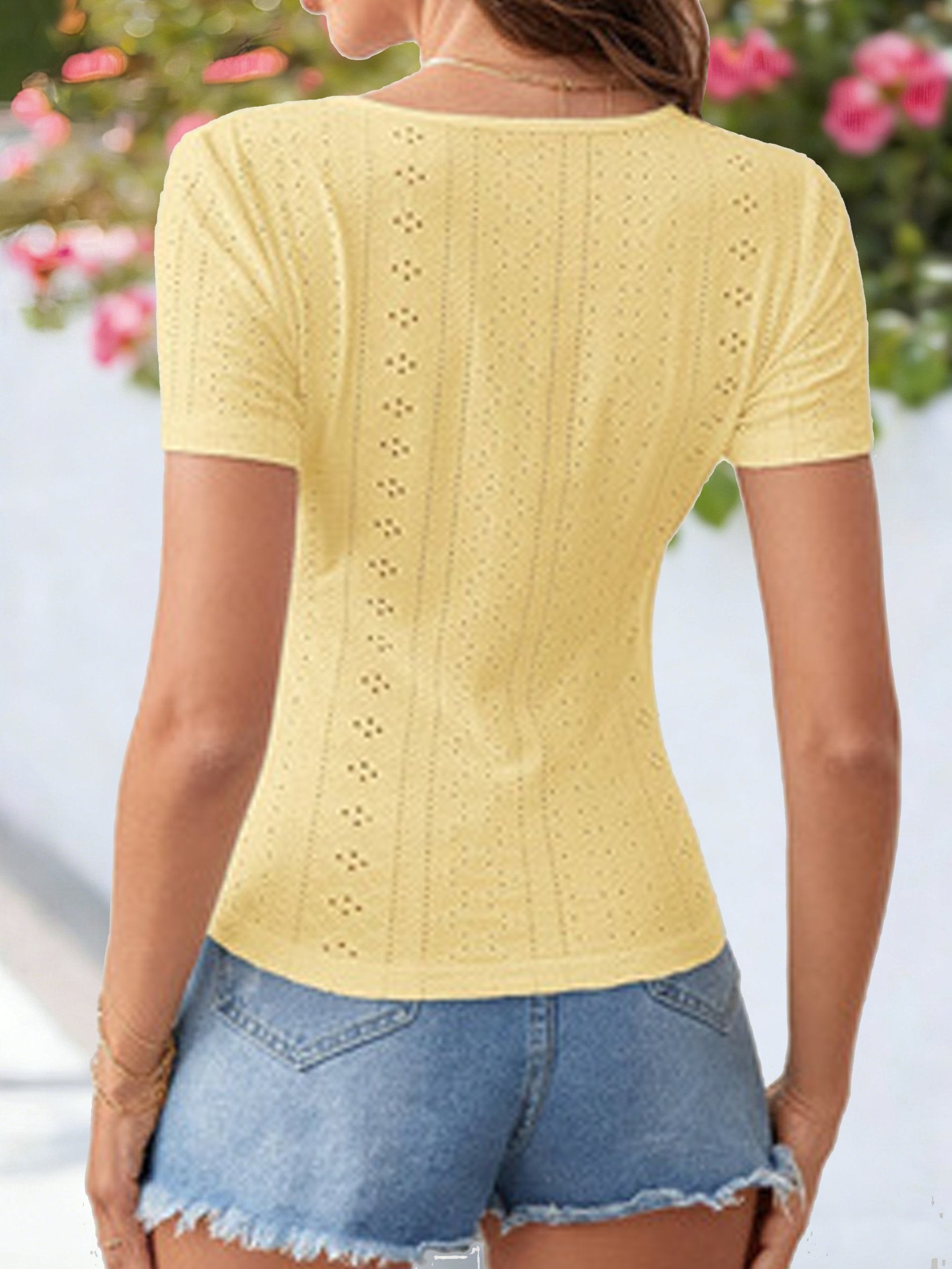 Plain Tight Short Sleeve V Neck Button Summer Casual Top