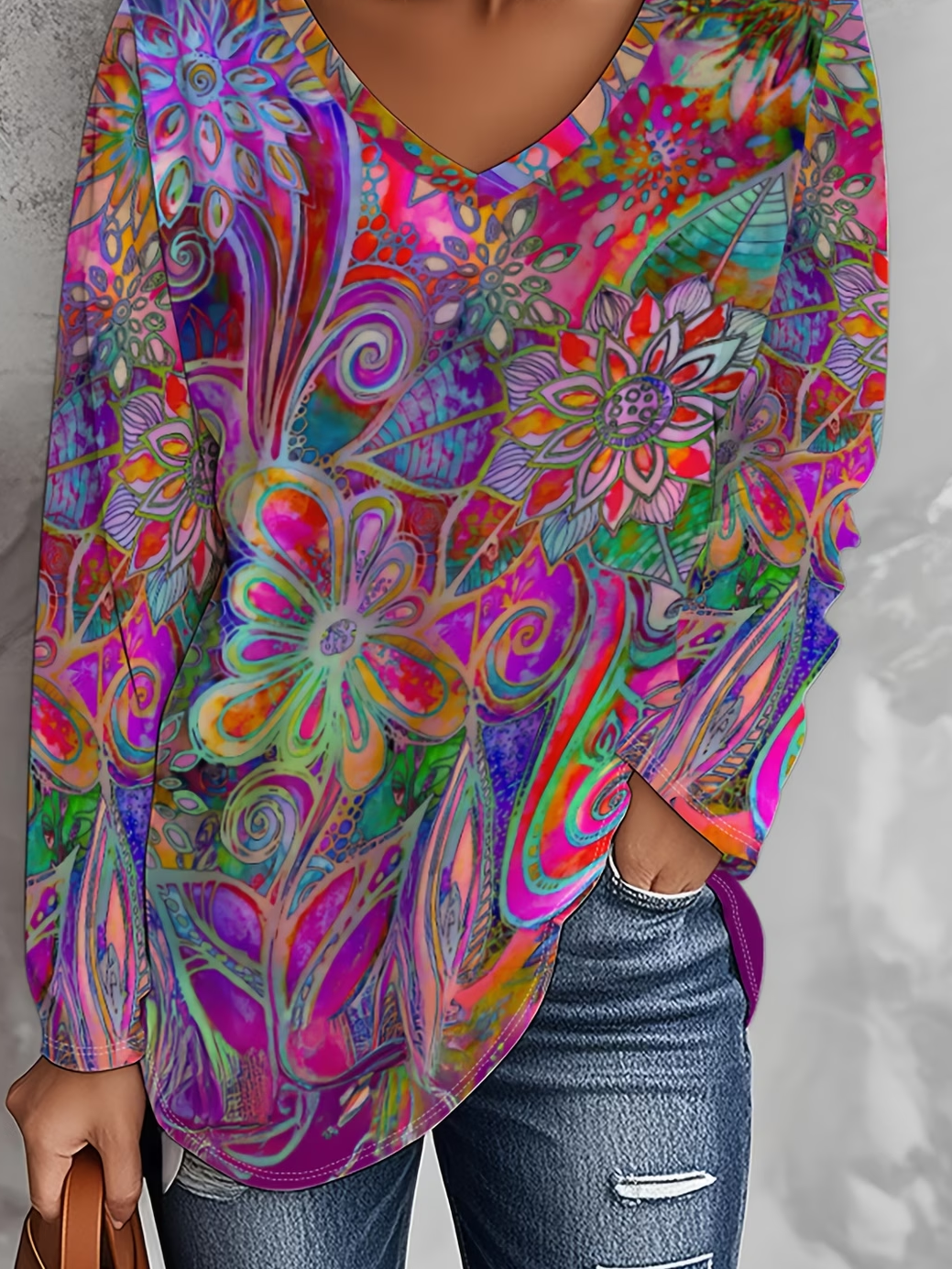 Women's Long Sleeve T-shirt Spring/Fall Purple Abstract Printing Jersey V Neck Daily Going Out Casual Top