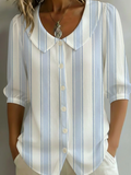 Women's Half Sleeve Shirt Summer Blue Striped Printing Shawl Collar Daily Going Out Casual Top