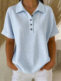 Stripe Print Polo Collar Button Down Short Sleeve T-Shirt