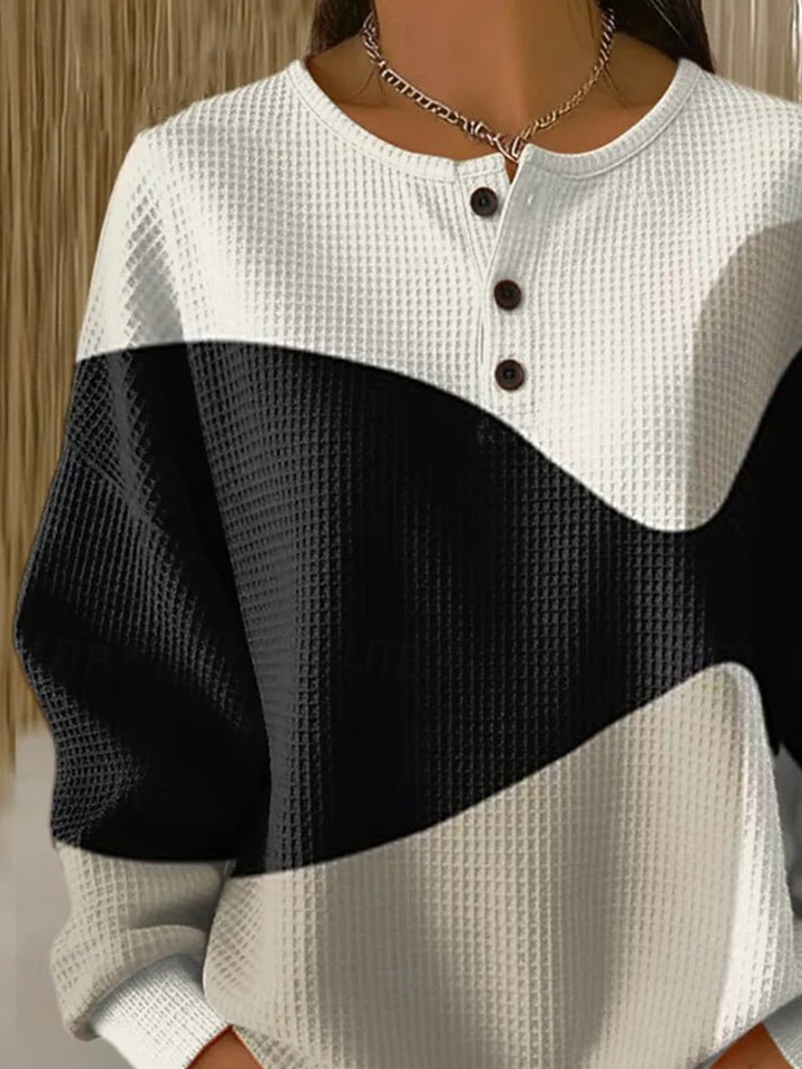 Women's Abstract Print Button-Up Casual Waffle Knit Sweatshirt