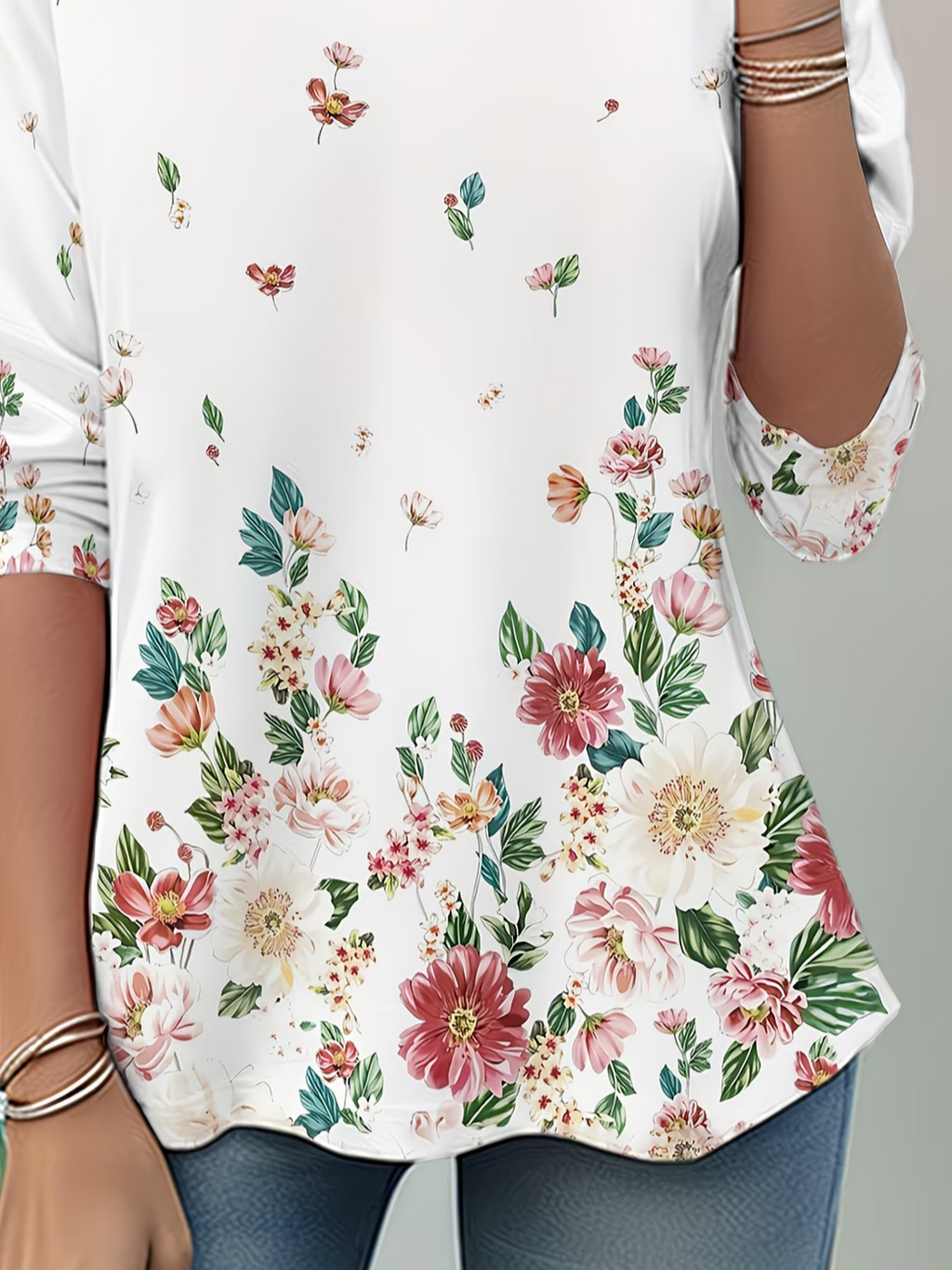 Women's Long Sleeve T-shirt Spring/Fall White Floral Jersey Crew Neck Daily Going Out Casual Top