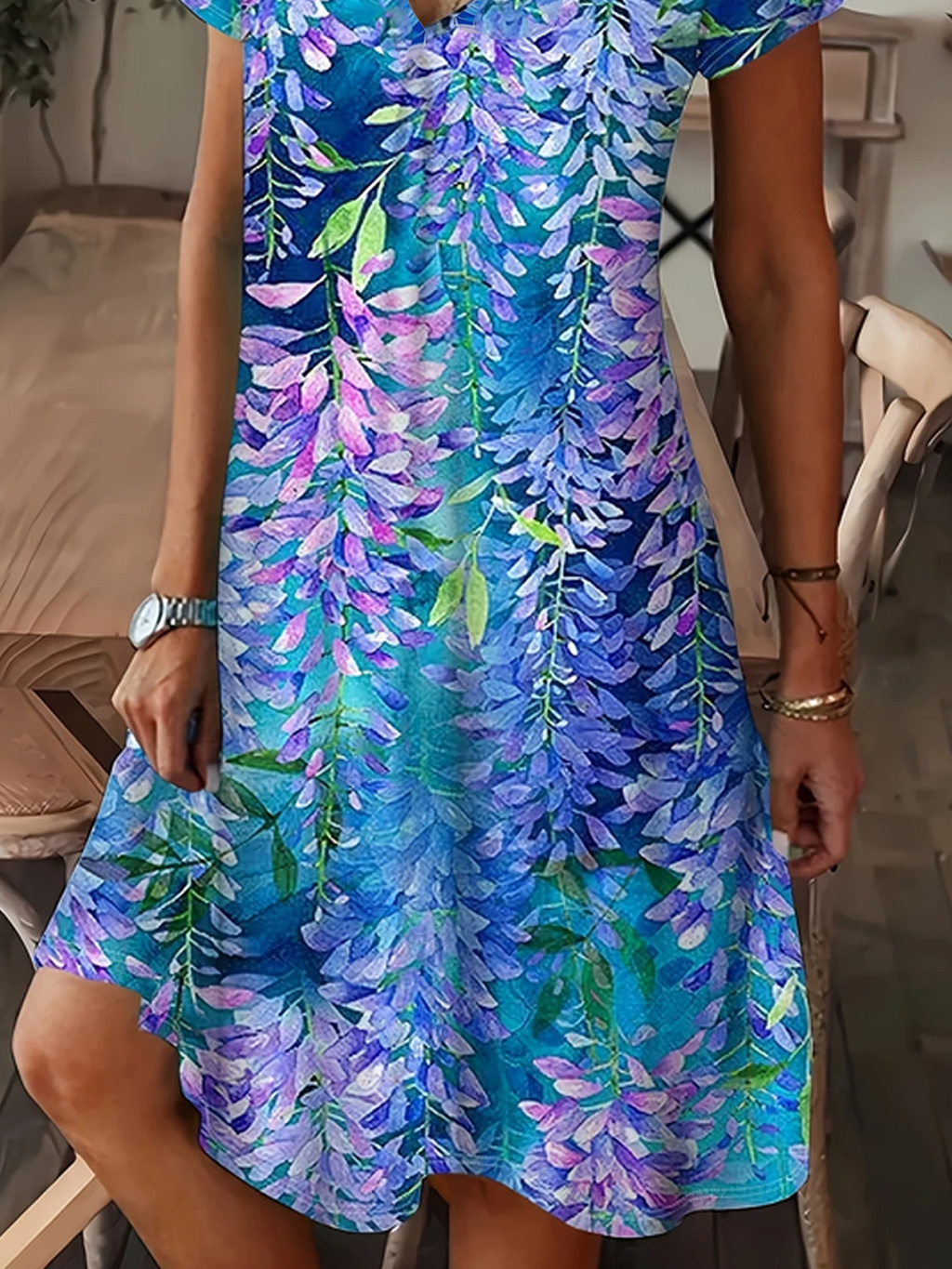 Casual V Neck Floral Dress With No