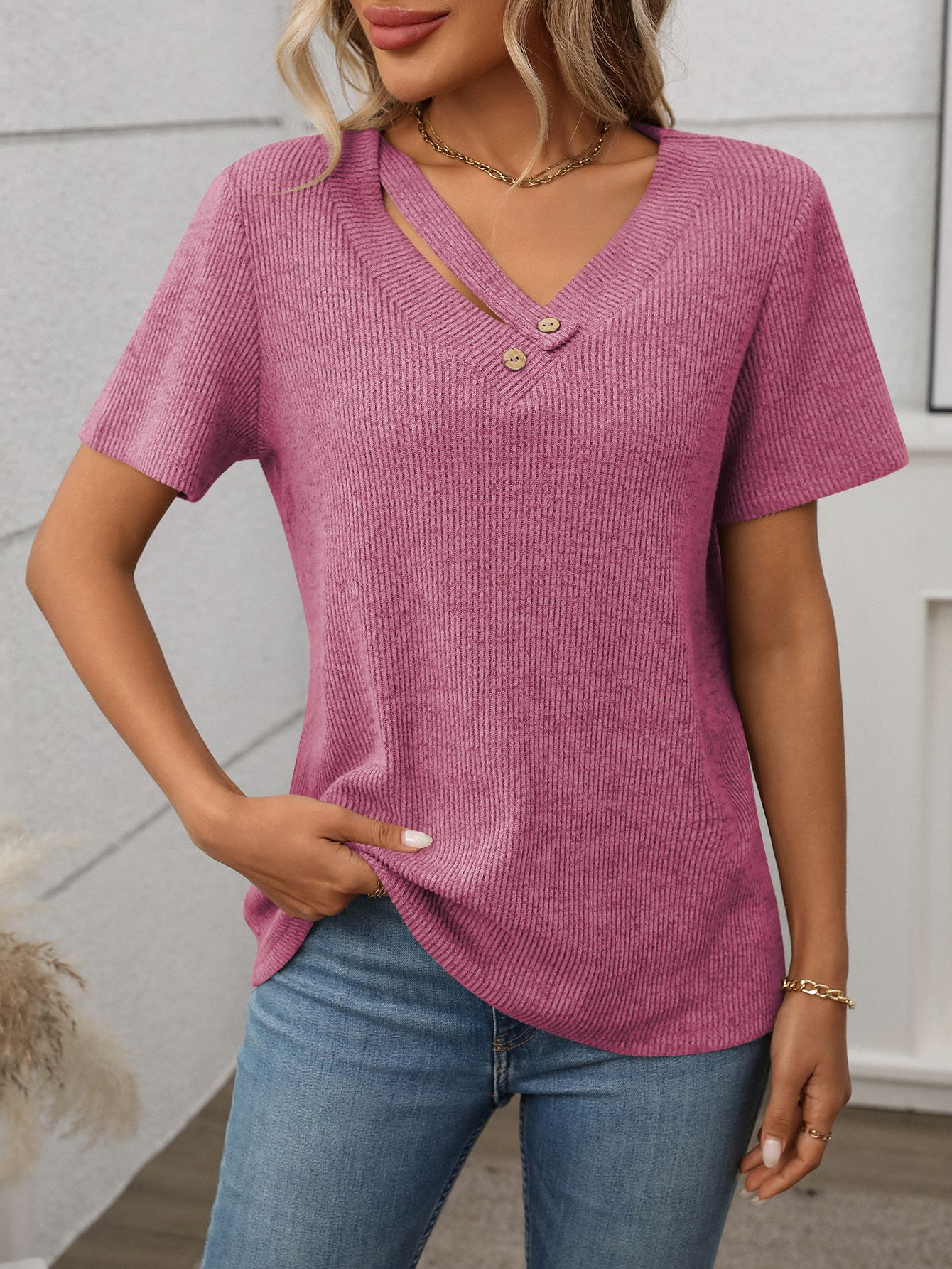 Jersey Ribbing V Neck Button Going Out Summer Casual T-Shirt