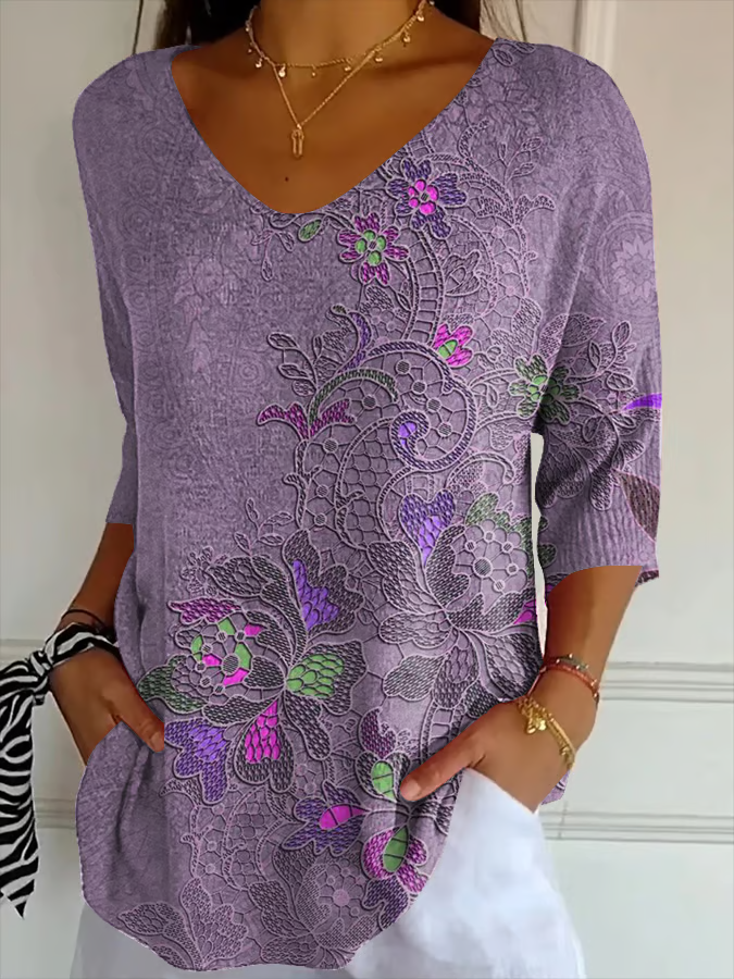Women's Floral Print V neck Casual T-Shirt