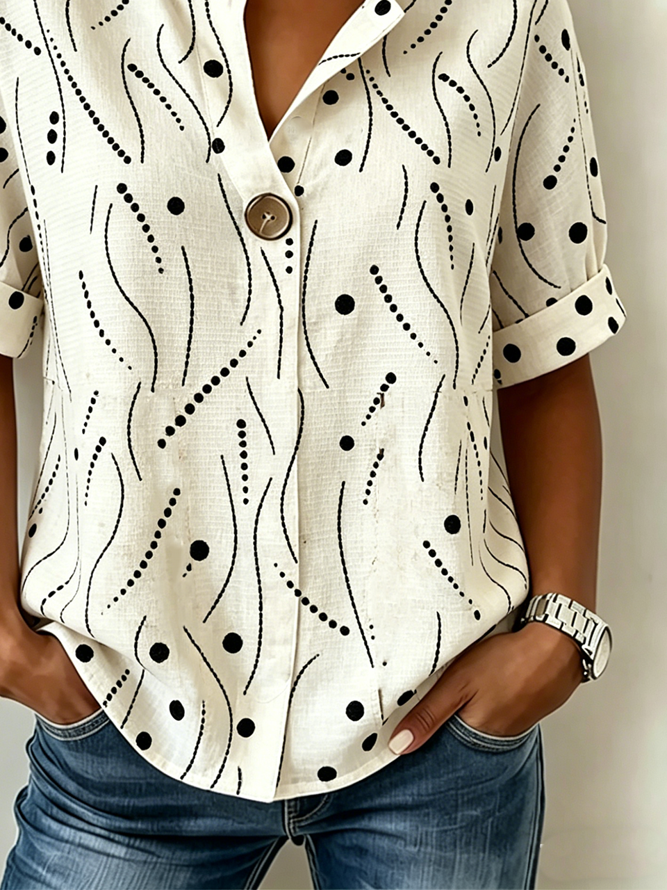 Geometric Loose Linen Blend Simple Shirt