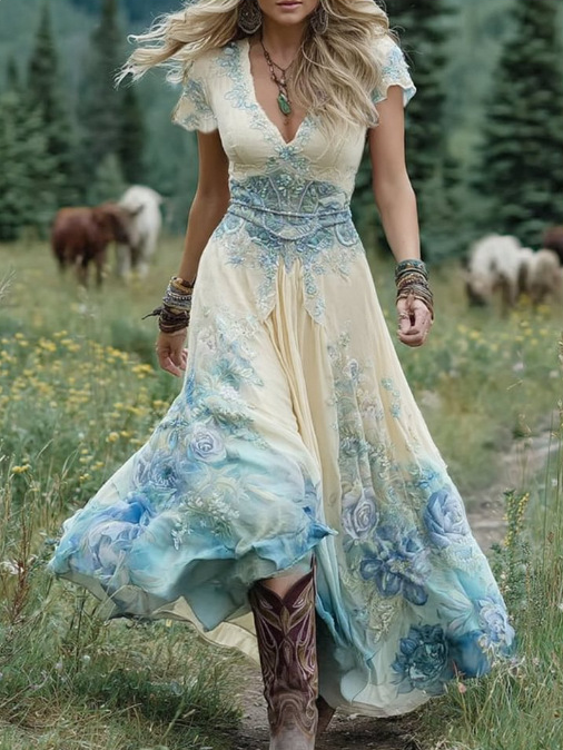 Women’s Vintage Floral Print Summer V-Neck Regular Fit A-Line Maxi Dress