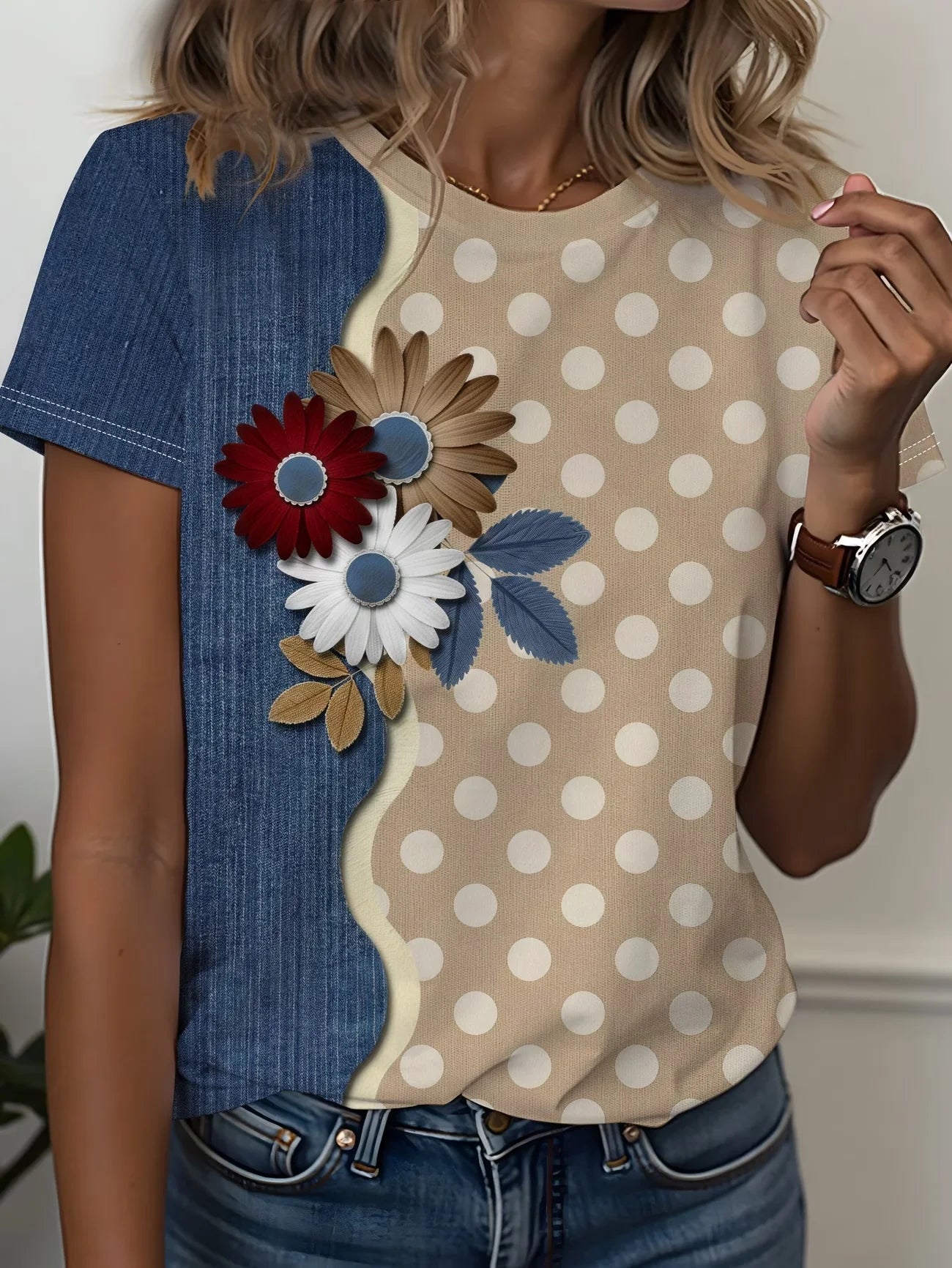 Women's Short Sleeve T-shirt Summer As Picture Faux Denim Print Graphic Printing Jersey Crew Neck Daily Going Out Casual Top