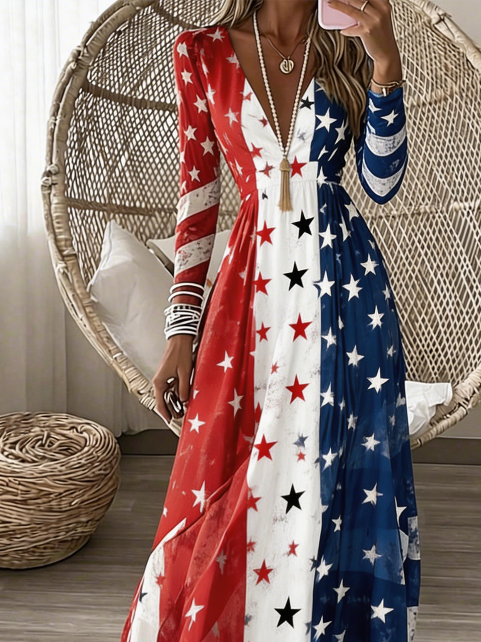 Casual Geometric Regular Fit V Neck Dress With No