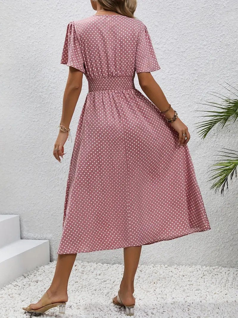 Women's Short Sleeve Summer Blue Polka Dots Split Joint V Neck Daily Going Out Casual Maxi A-Line Tank Dress
