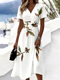 Women's White Midi Dress Green Brown Leaf Print Short Sleeve V Neck High Waist A-Line Casual Dress