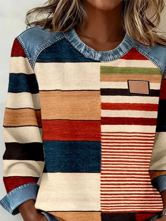Women's Abstract Print Patchwork Denim Crewneck Long-Sleeved Sweatshirt