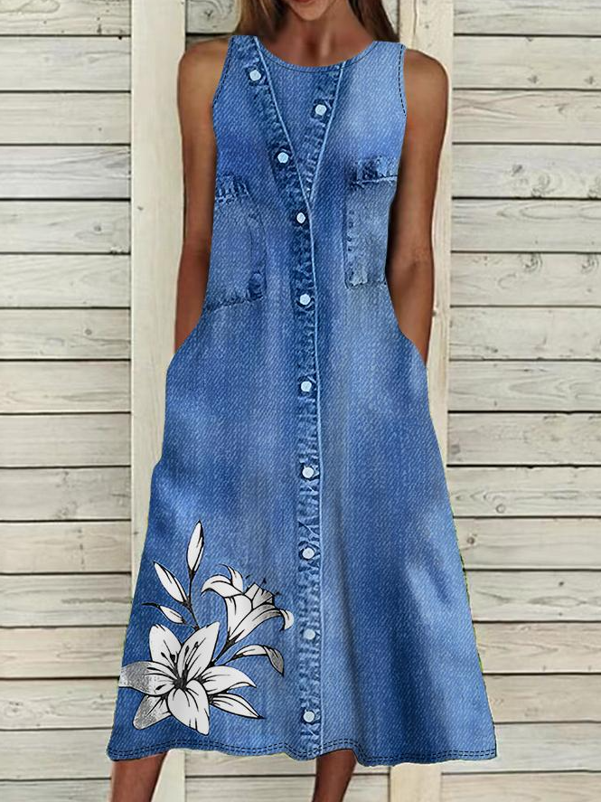 Loose Vintage Faux Denim Print Graphic Others Dress With No