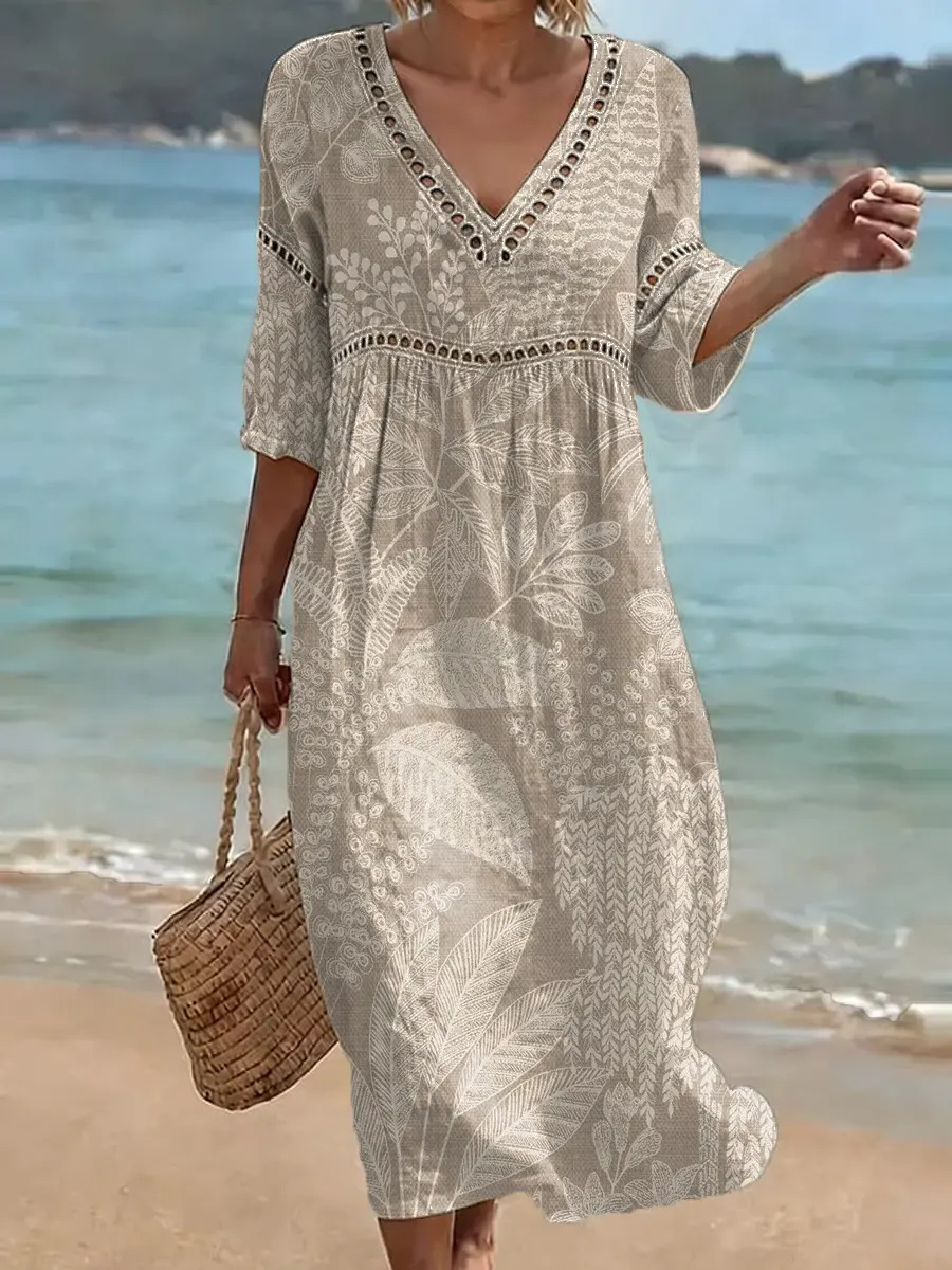 Cotton Blend Blue Border Floral Printed V Neck Short Sleeve Lace Summer Going Out Elegant Casual Dress