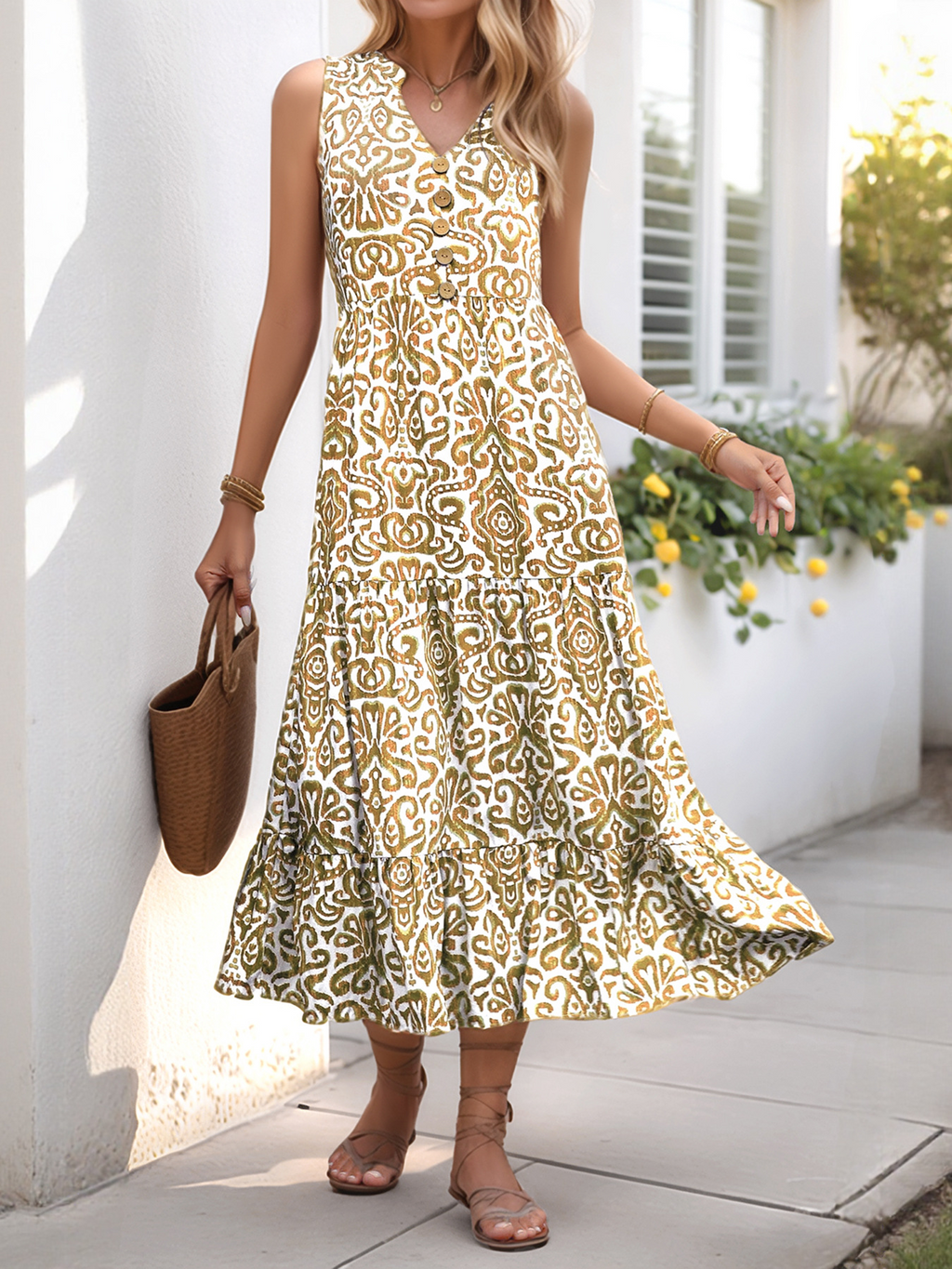 Elegant Ethnic Geometry V Neck Sleeveless Summer Vacation Going Out Elegant Maxi Dress