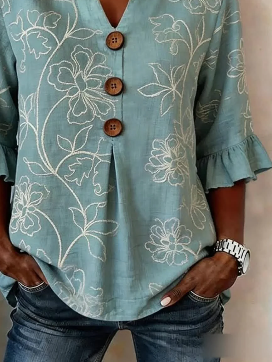 Women's Half Sleeve Blouse Summer Blue Floral Printing V Neck Daily Going Out Vintage Top