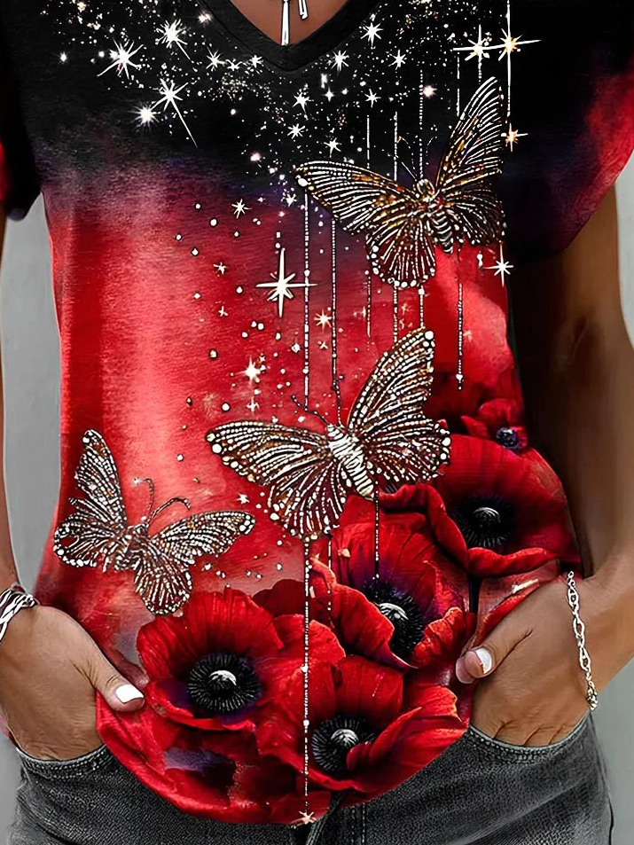 Women's Short Sleeve T-shirt Summer Red Floral Printing V Neck Holiday Going Out Vintage Top