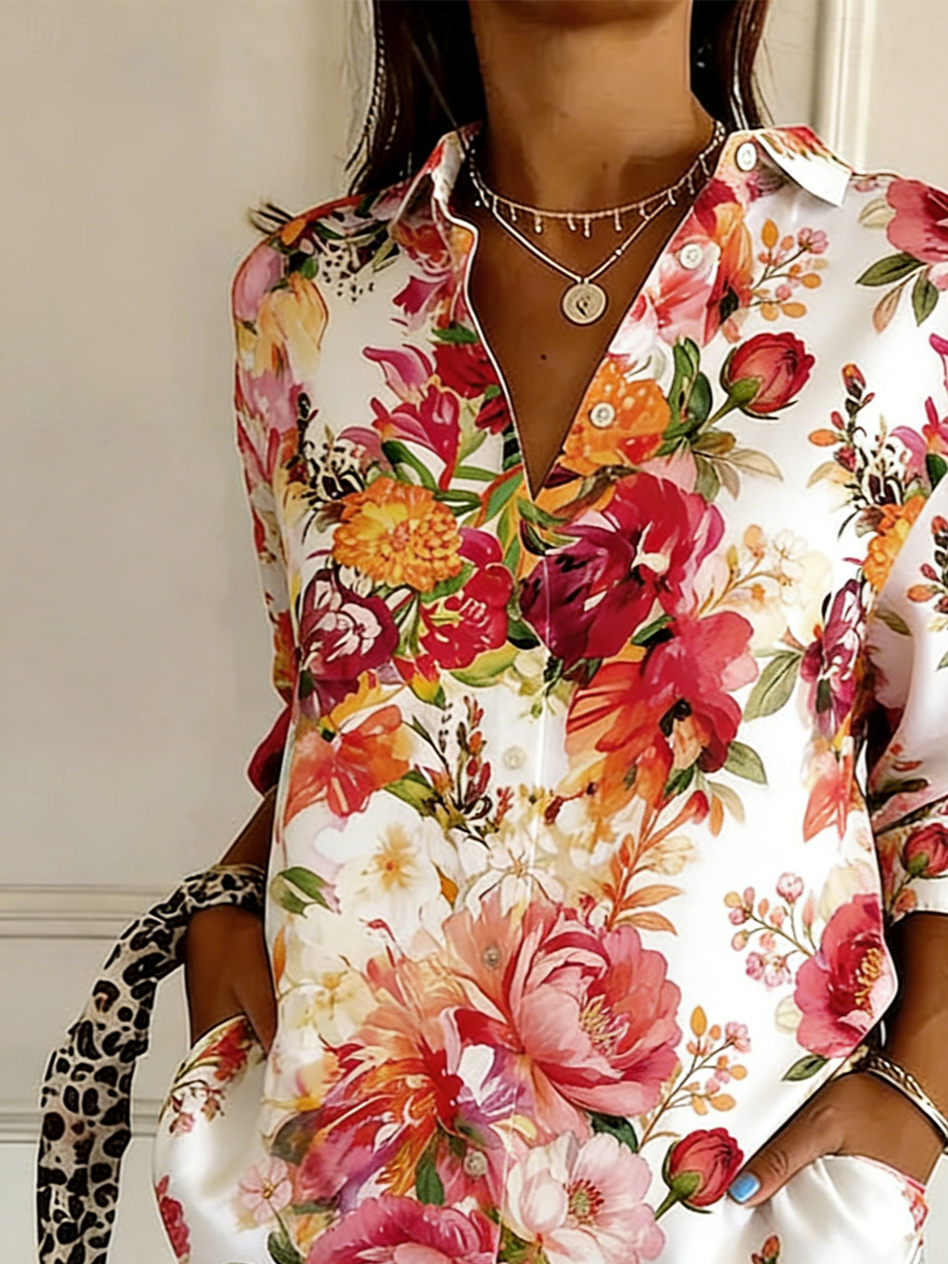 Floral Loose Simple Shirt Collar Shirt