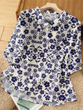 Women's Vintage Flower Art Print Casual Short Sleeve Shirt