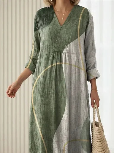 V Neck Boho Loose Linen Blend Dress With No
