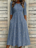 Women's Half Sleeve Summer Blue Floral Printing Crew Neck Daily Going Out Casual Maxi H-Line Dress