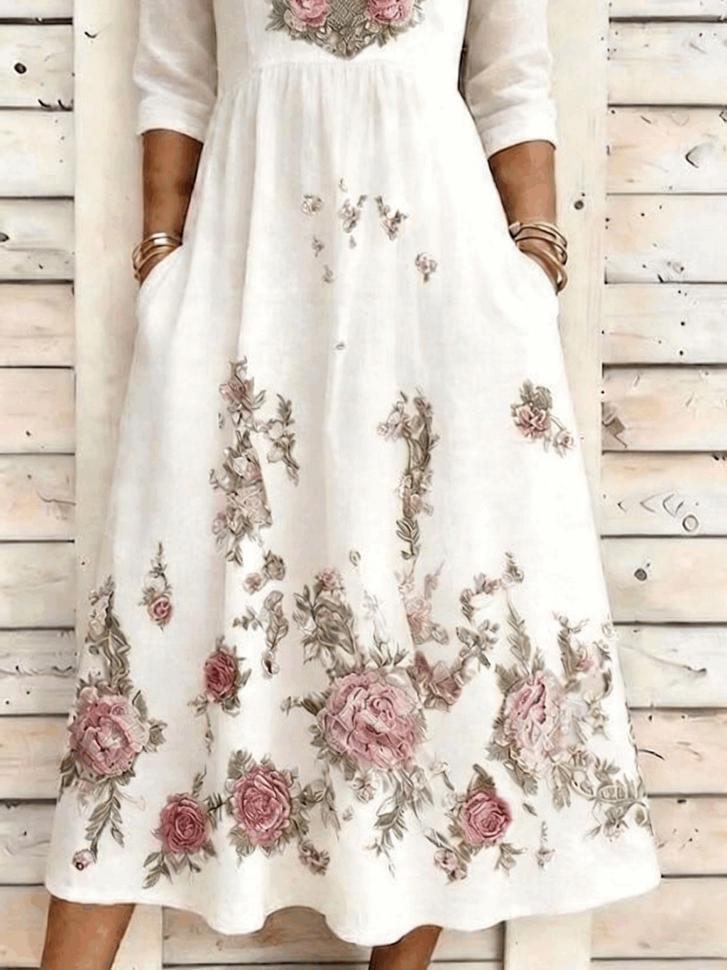 Rose Floral Print Casual A-Line Maxi Dress with Pockets