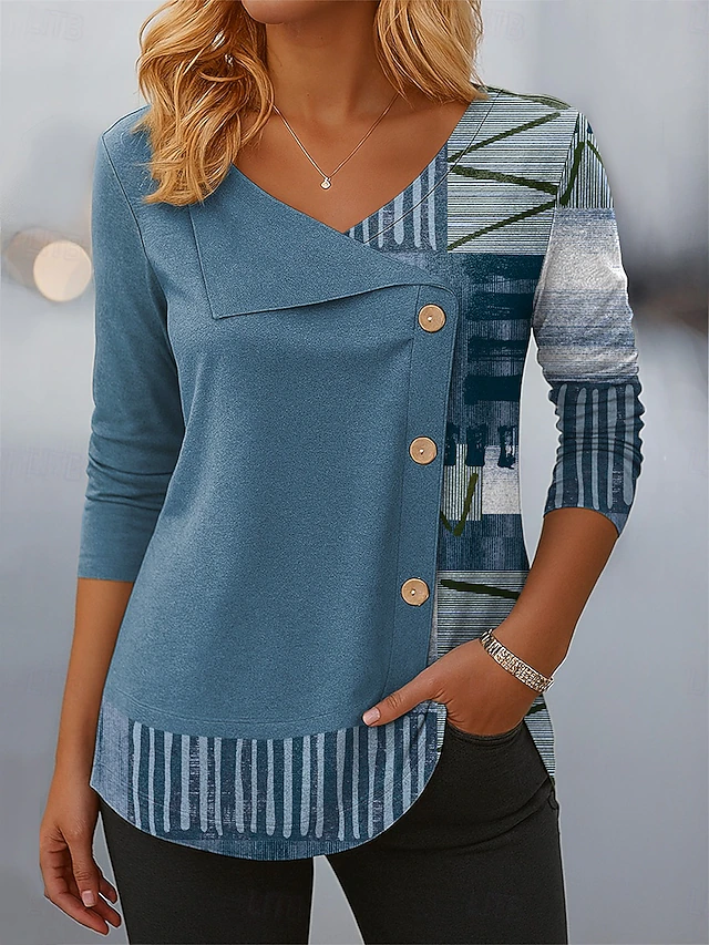 Women's Long Sleeve T-shirt Spring/Fall Blue Abstract Printing V Neck Daily Going Out Casual Top