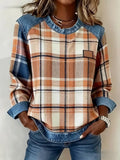 Women's Plaid Print Patchwork Denim Crewneck Long-Sleeved Sweatshirt