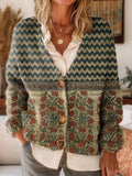 Retro Ethnic Pattern Art Print Button-Front V-Neck Cardigan Sweater
