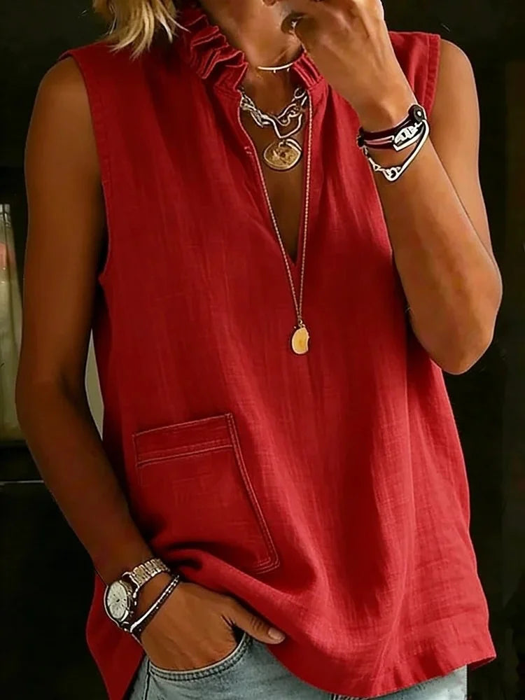 Cotton And Linen V Neck Ruffle Sleeveless Summer Going Out Casual Blouse