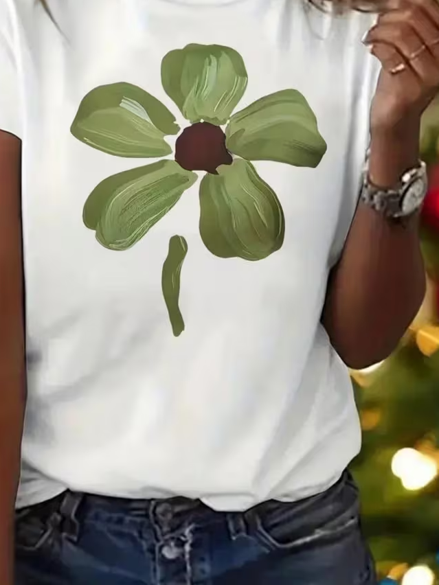 Women's Short Sleeve T-shirt Summer White Floral Printing Jersey Crew Neck Daily Going Out Casual Top
