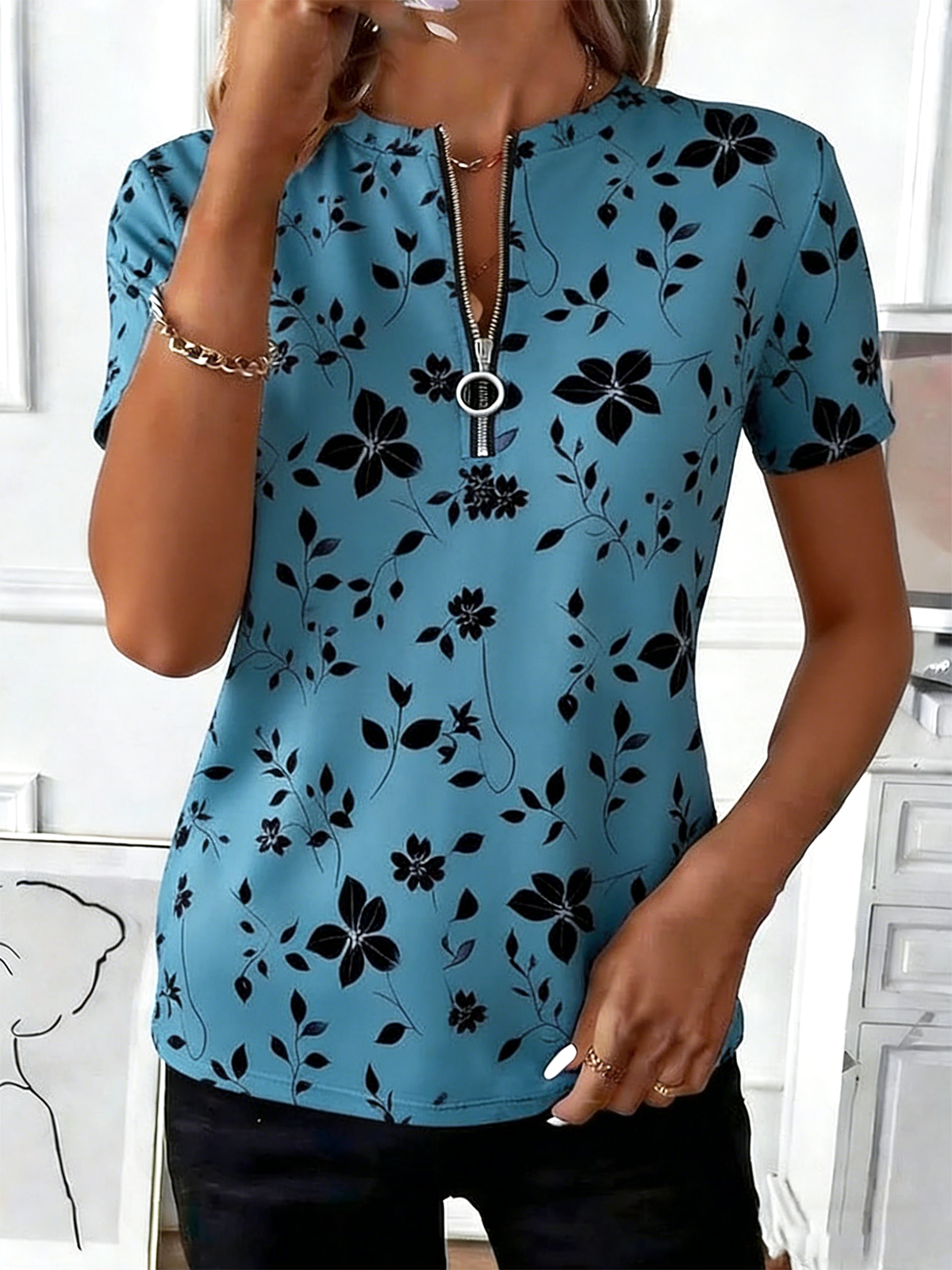 Loose Botanical Pattern Elegant T-Shirt