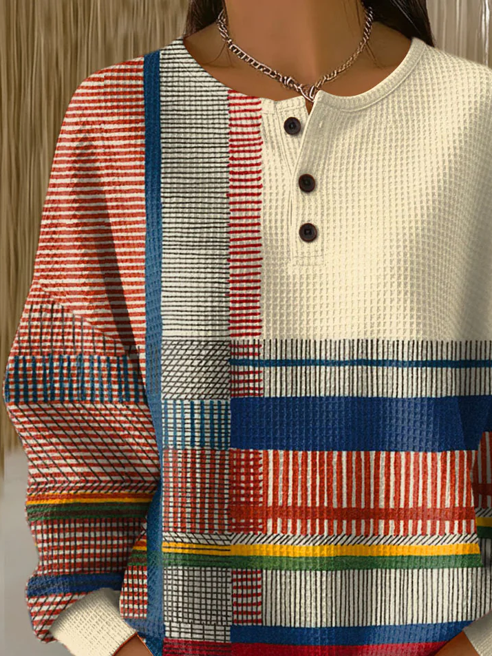 Women's Abstract Print Button-Up Casual Waffle Knit Sweatshirt
