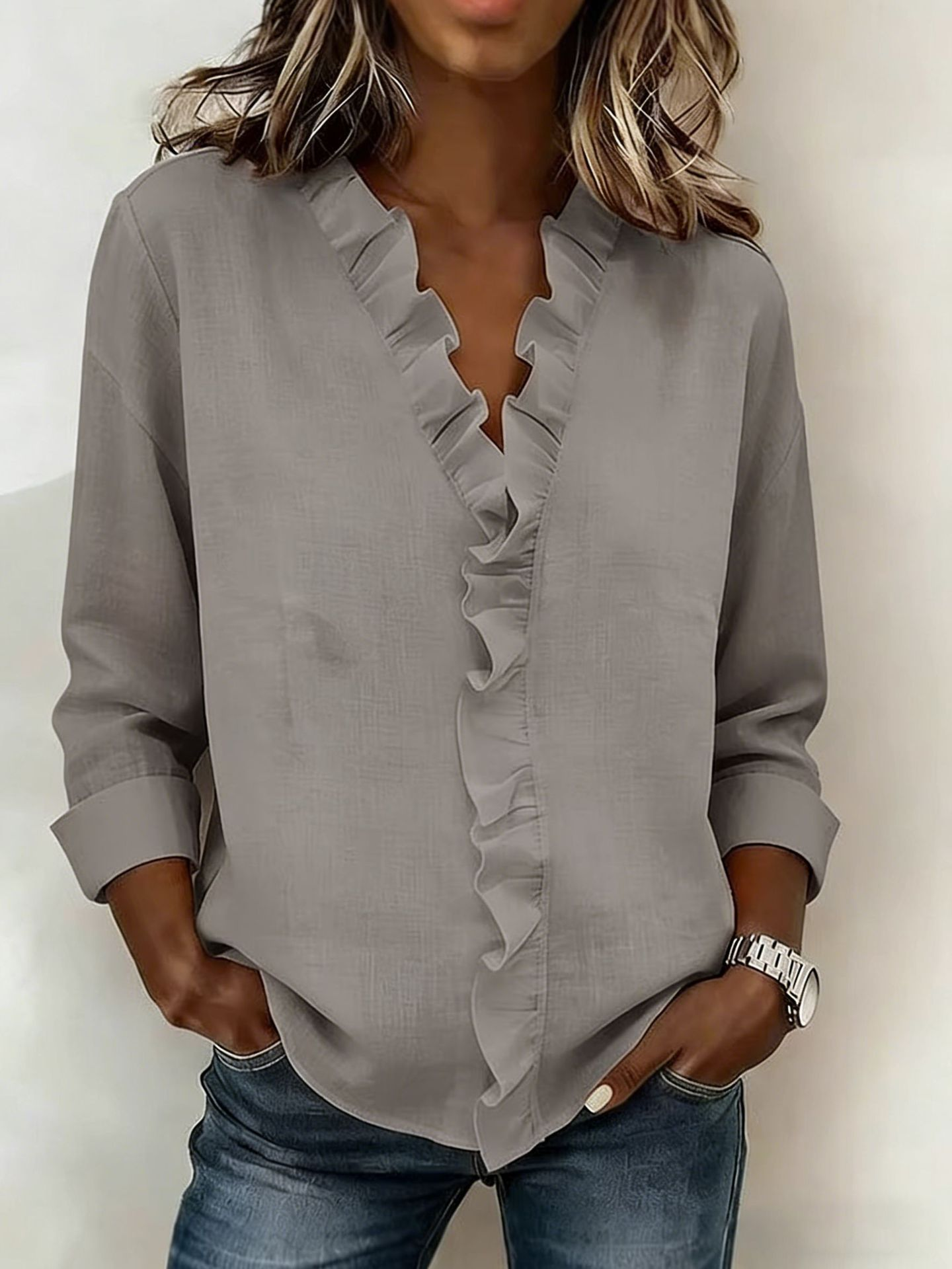 Women's Solid Color V-Neck Blouse with Ruffle Trim Long Sleeve Casual Top