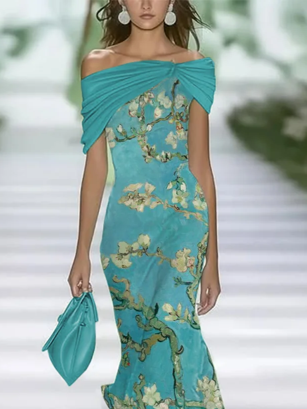 Women's Cap Sleeve Summer Cyan Floral Printing Cold Shoulder Daily Going Out Vintage Maxi H-Line Dress