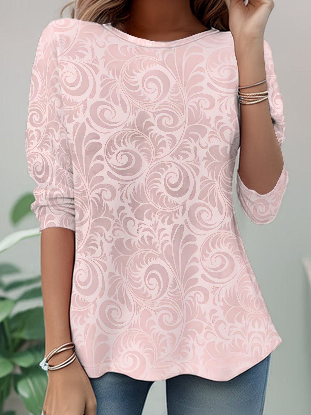 Women's Long Sleeve T-shirt Spring/Fall Pink Abstract Jersey Crew Neck Daily Going Out Casual Top