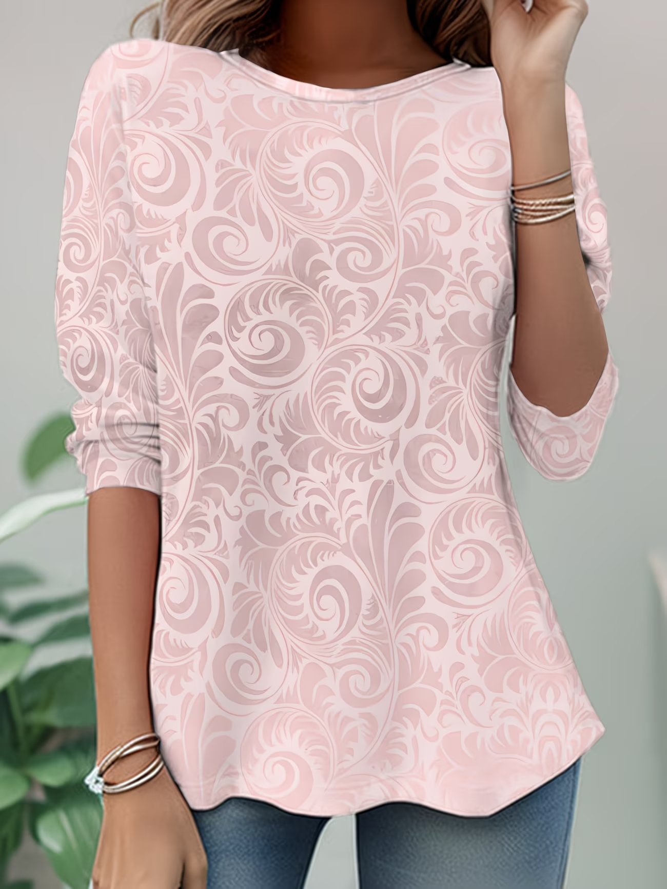 Women's Long Sleeve T-shirt Spring/Fall Pink Abstract Jersey Crew Neck Daily Going Out Casual Top