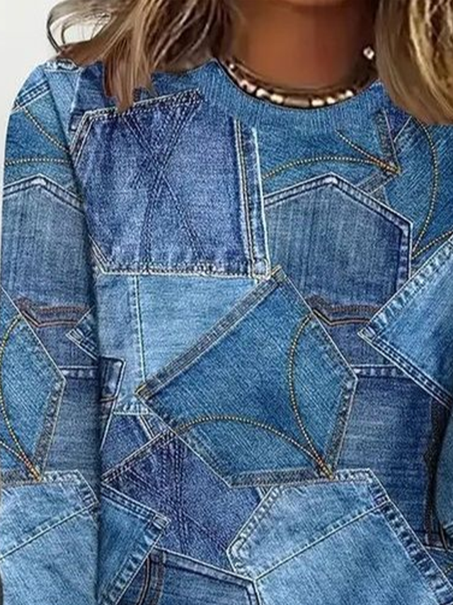 Women's Long Sleeve T-shirt Spring/Fall Blue Faux Denim Print Graphic Printing Jersey Crew Neck Daily Going Out Casual Top