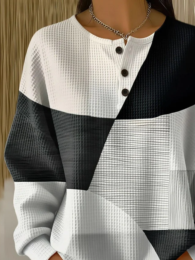 Women's Abstract Print Button-Up Casual Waffle Knit Sweatshirt