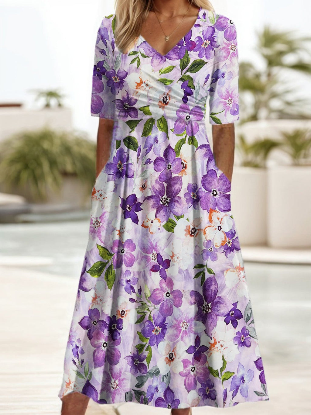 Floral Print Middle Sleeves V-Neck Dress